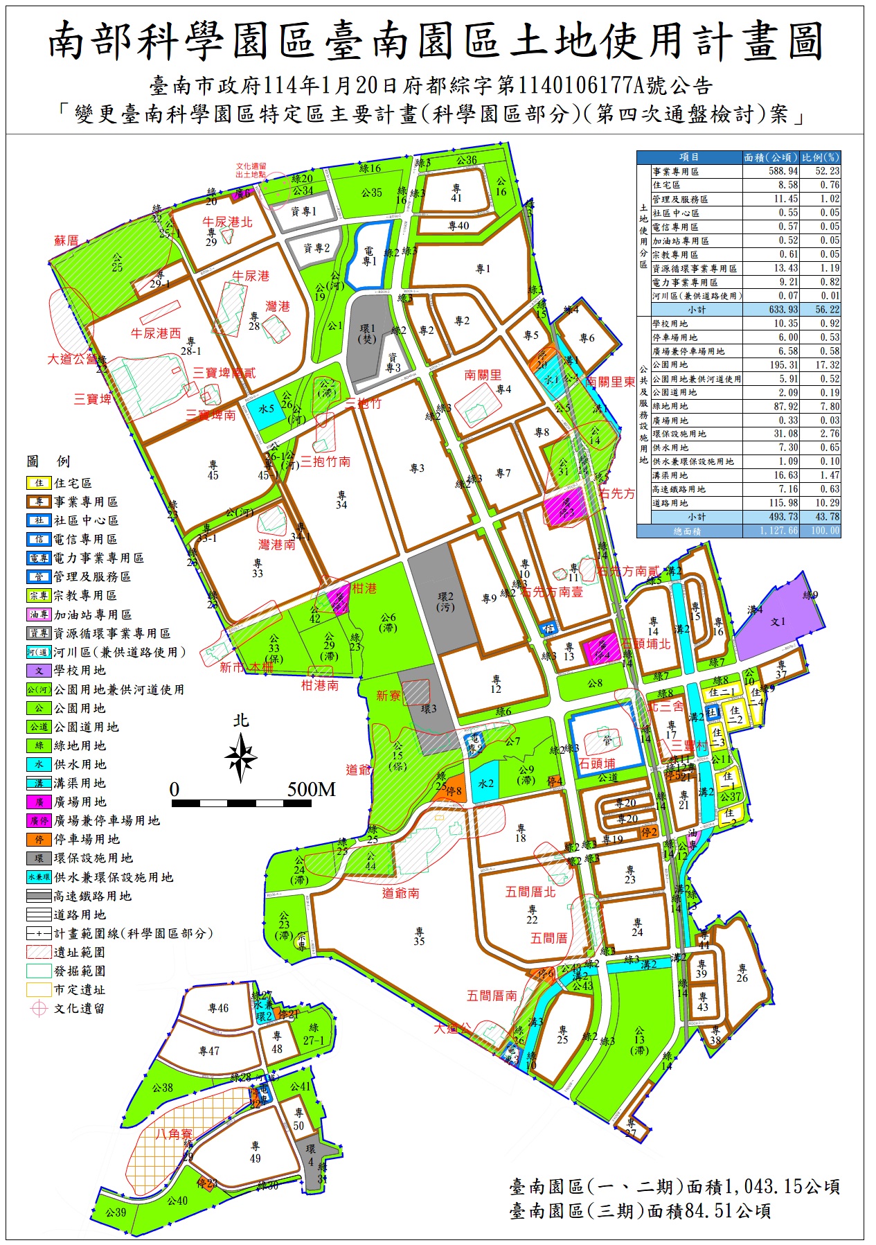 臺南園區都市計畫示意圖，用以表示臺南園區土地都市計畫之土地使用分區及公共設施用地規劃情形。